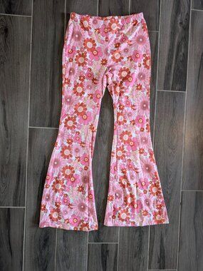 SHEIN Floral Flare Pants Retro Pink Orange Boho Wide Leg Size Petite L
